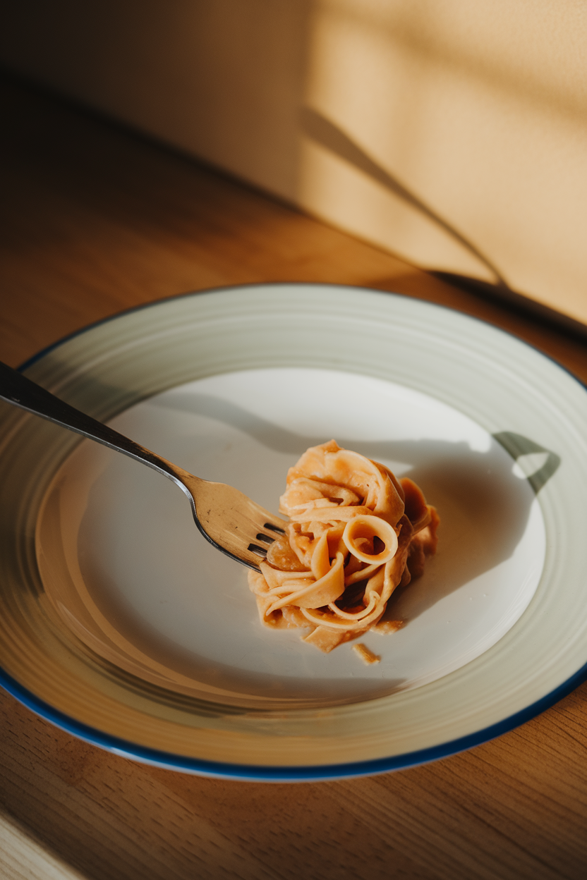 A dinner plate with a single bite of pasta left uneaten, fork resting horizontally, warm indoor lighting. No logos or text.