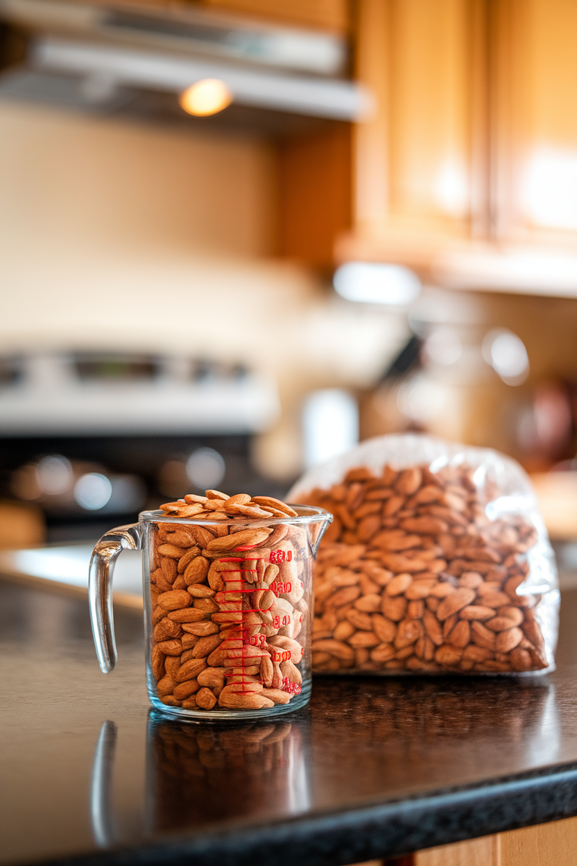 A measuring cup filled with almonds next to a large bulk bag on a kitchen island, indoor lighting. No text or logos. Photo, not illustration.