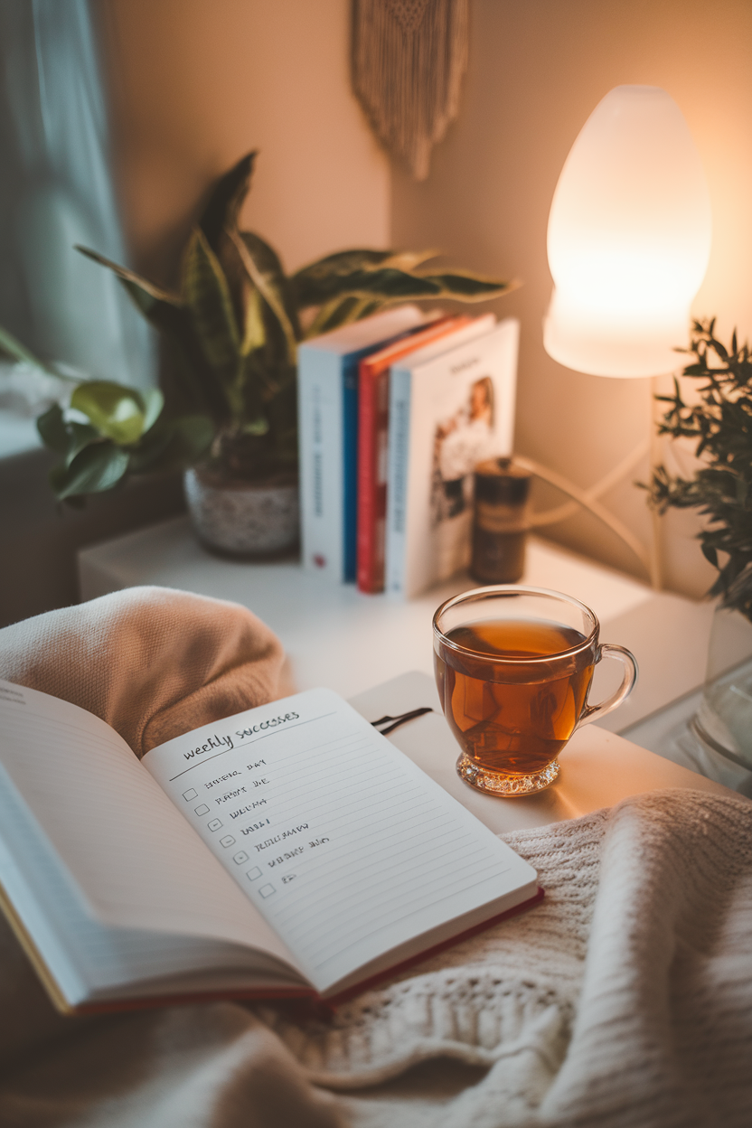 A cozy indoor scene with a journal open to a page listing weekly successes, a cup of herbal tea nearby, soft lamp light. No text or logos. Photo.