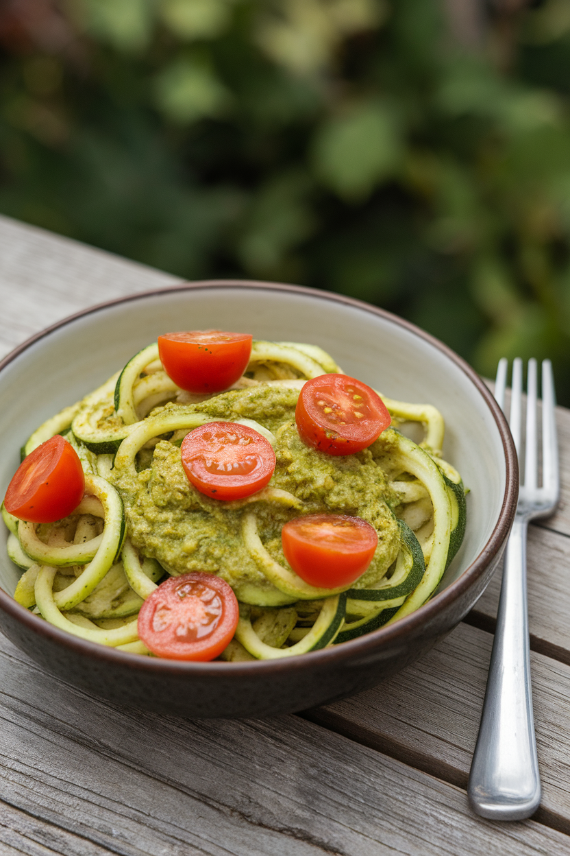 An indoor bowl of zucchini noodles coated in green pesto with cherry tomato halves scattered on top. Photo, no text or logos.