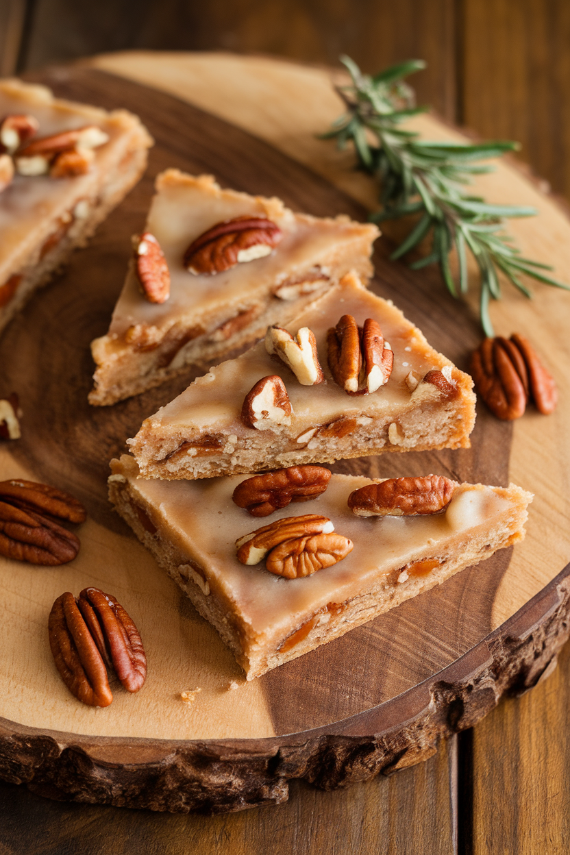 A rustic indoor board with wedge slices of maple pecan shortbread, visible pecan pieces and a light glaze sheen. Photo, no text or logos.
