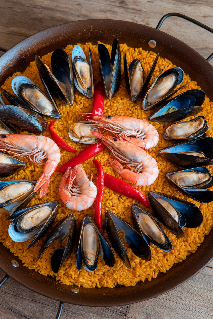 An indoor paella pan showing cooked brown rice studded with mussels, shrimp, and red peppers; saffron hue visible, no text or logos.