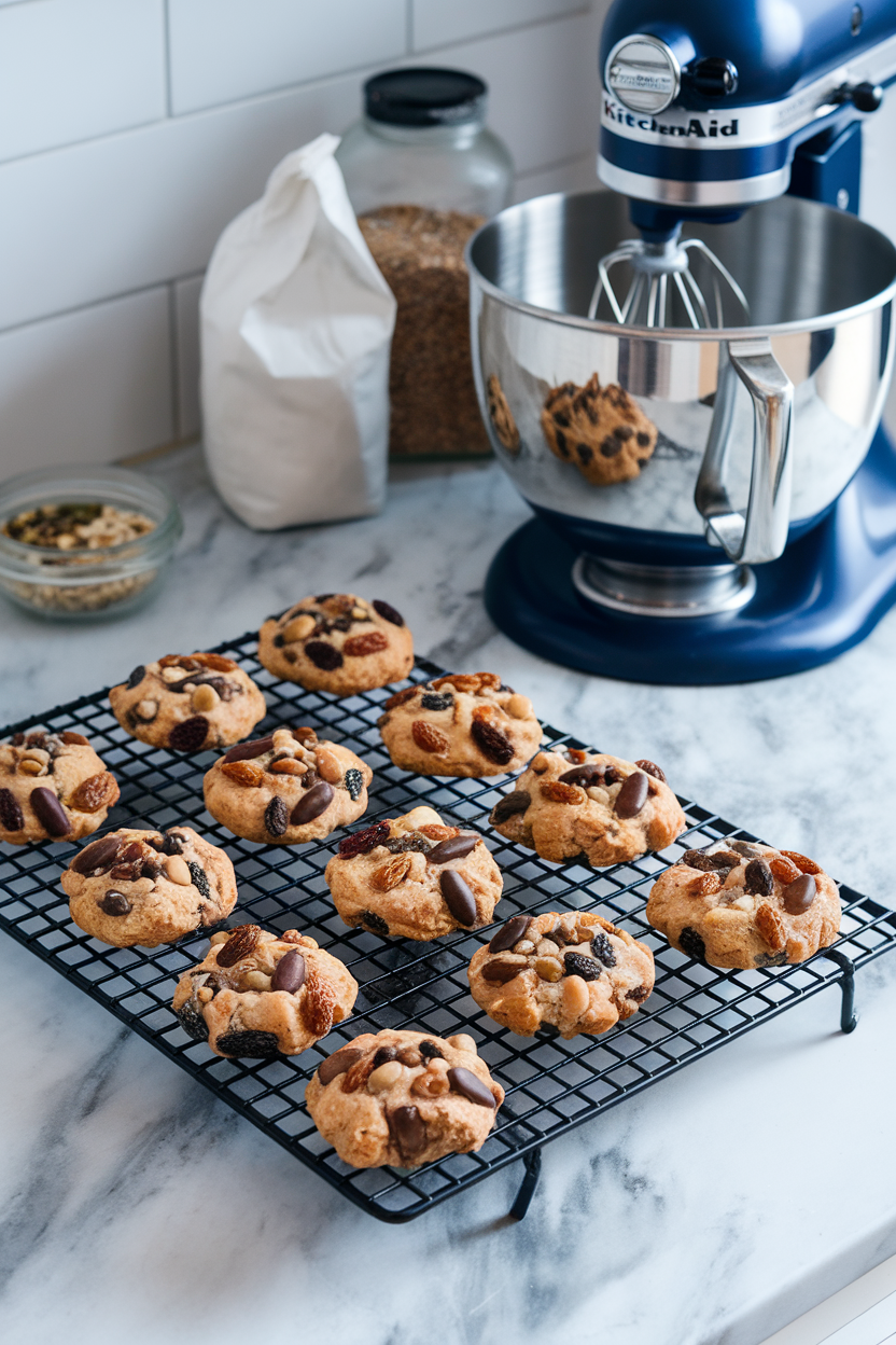 Photo prompt: An indoor countertop scene with trail-mix drop cookies studded with raisins, seeds, and dark chocolate chunks on a cooling rack, no text or logos visible.