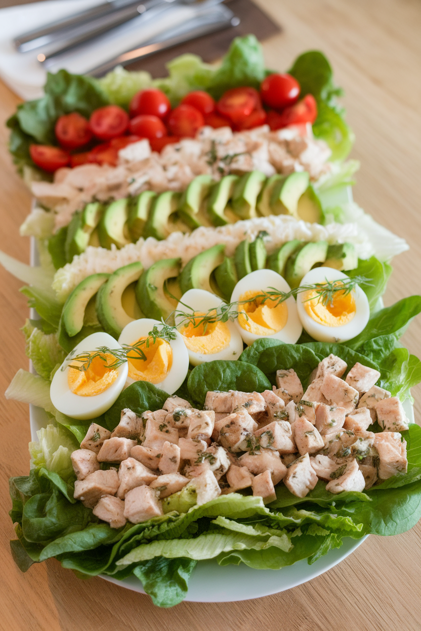 An indoor salad plate arranged with rows of romaine, diced chicken, hard-boiled egg, avocado, cherry tomatoes, and herby green dressing. No logos or text. Photo.