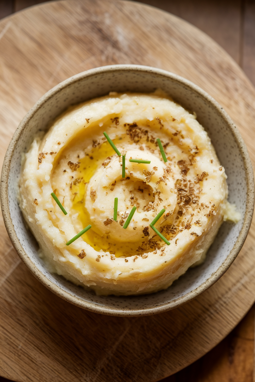 Indoor photo of pale mashed celeriac in a small bowl drizzled with truffle oil and sprinkled with chives. No text or logos.