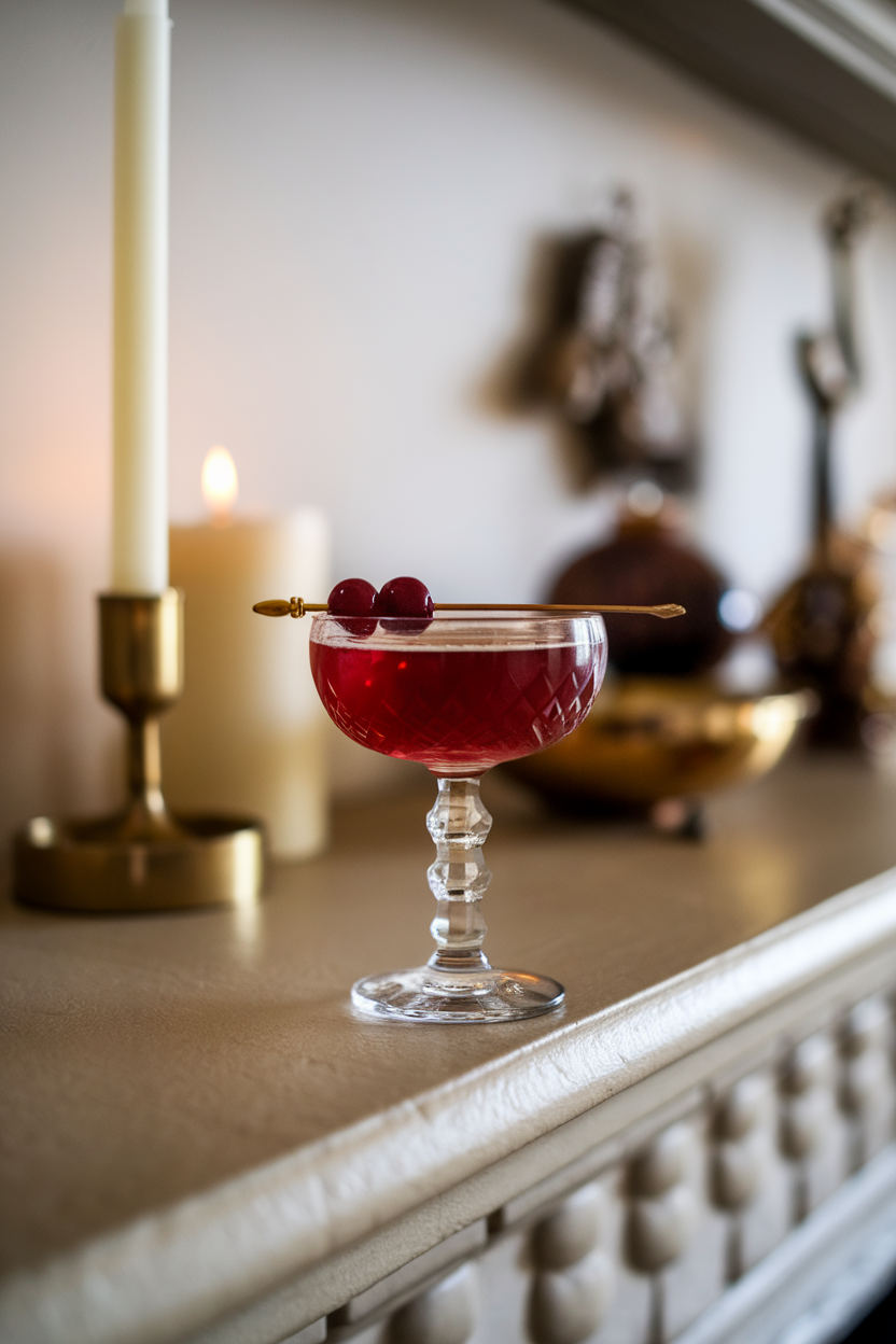 An indoor fireplace mantel featuring a crystal coupe of deep-scarlet Manhattan, garnished with a brandied cherry on a pick. No text or logos; photograph, not illustration.