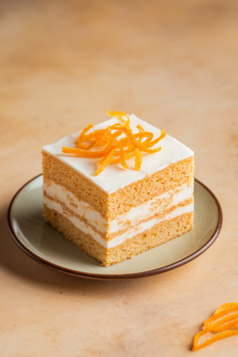 Indoor photo of a square slice of tres leches cake on a small plate, milk soaking into airy sponge, garnished with candied orange zest, no text or logos