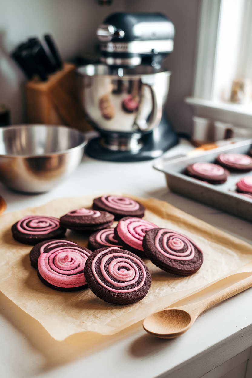Photo prompt: Dark chocolate and pink beet-swirled cookies on parchment inside a brightly lit kitchen, no text or logos.