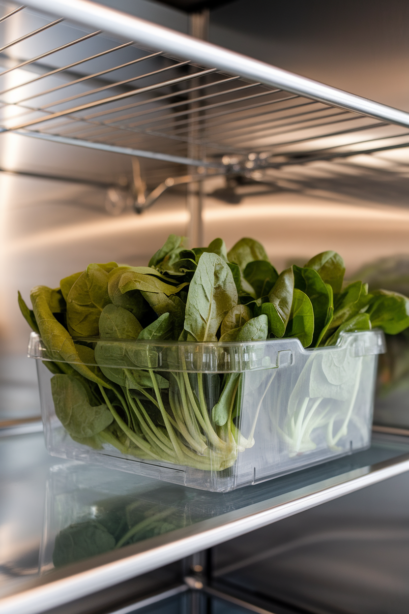 Photo, indoor refrigerator shelf with a clear produce box brimming with dewy baby spinach leaves, soft side lighting, no text or logos.