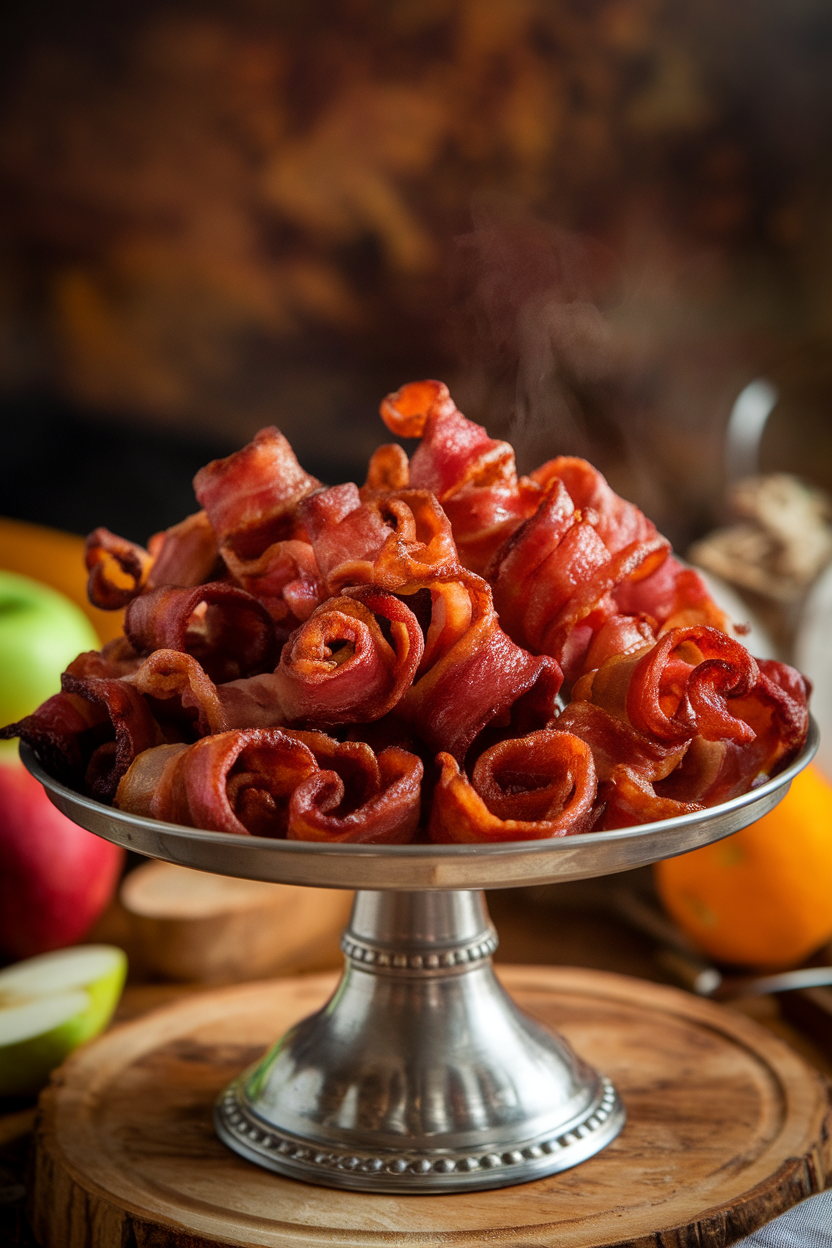 Photo of an indoor serving platter piled with crispy bacon twists lacquered in maple syrup, subtle steam rising. No text or logos visible.