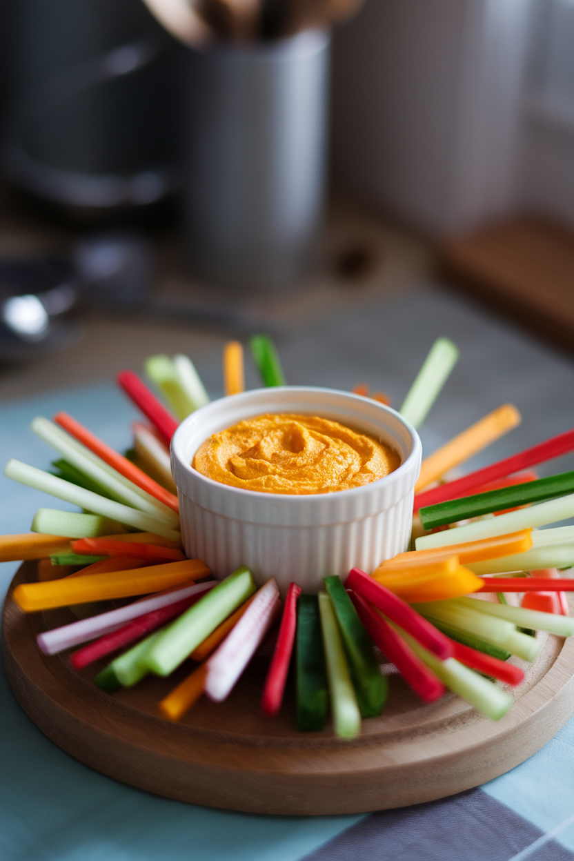 Photo prompt: An indoor ramekin of golden turmeric quark surrounded by colorful vegetable sticks, soft window light. No text or logos anywhere.