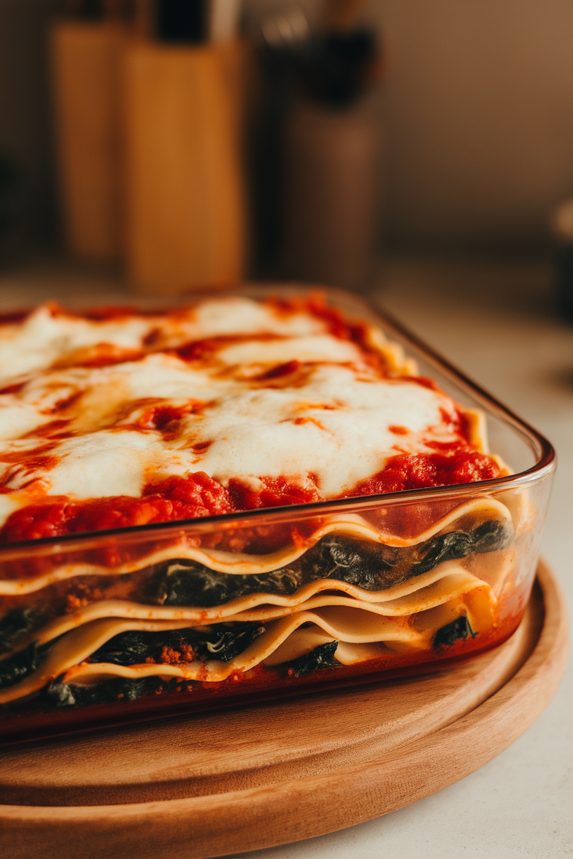 Indoor photo of lasagna noodles rolled around turkey-spinach filling, topped with marinara and melted mozzarella in a baking dish, no text or logos.