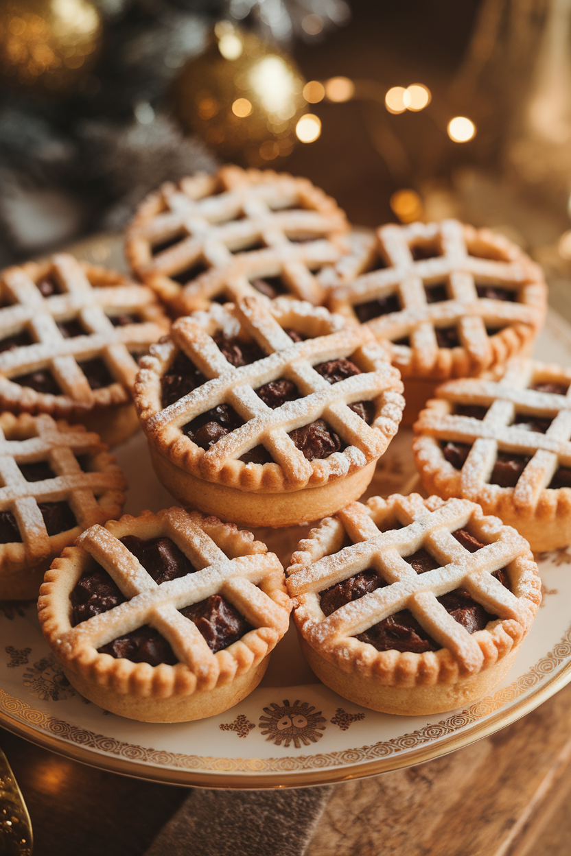 Indoor shot of individual mince pies with golden lattice tops, light dusting of powdered sugar, arranged on a festive plate; no text or logos.