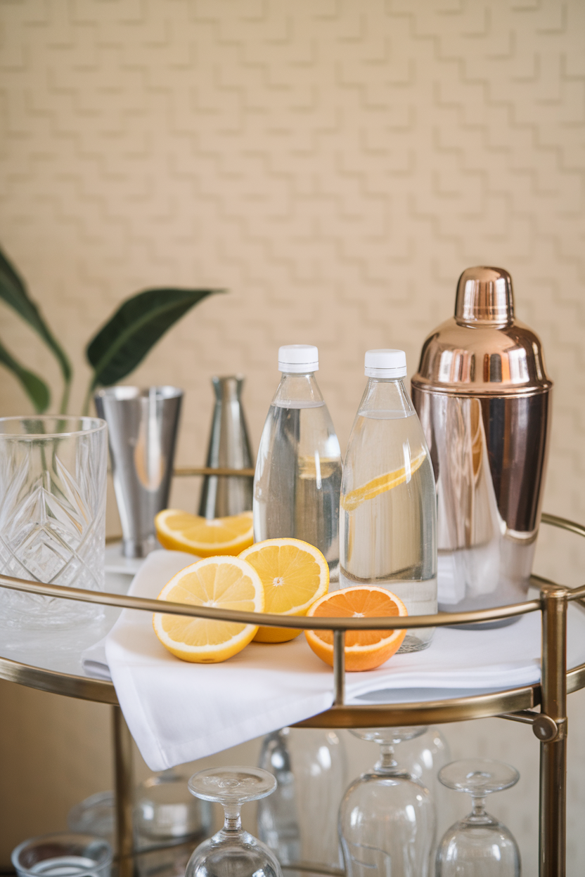 An indoor bar cart with sparkling water and sliced citrus replacing wine bottles, no brand logos.