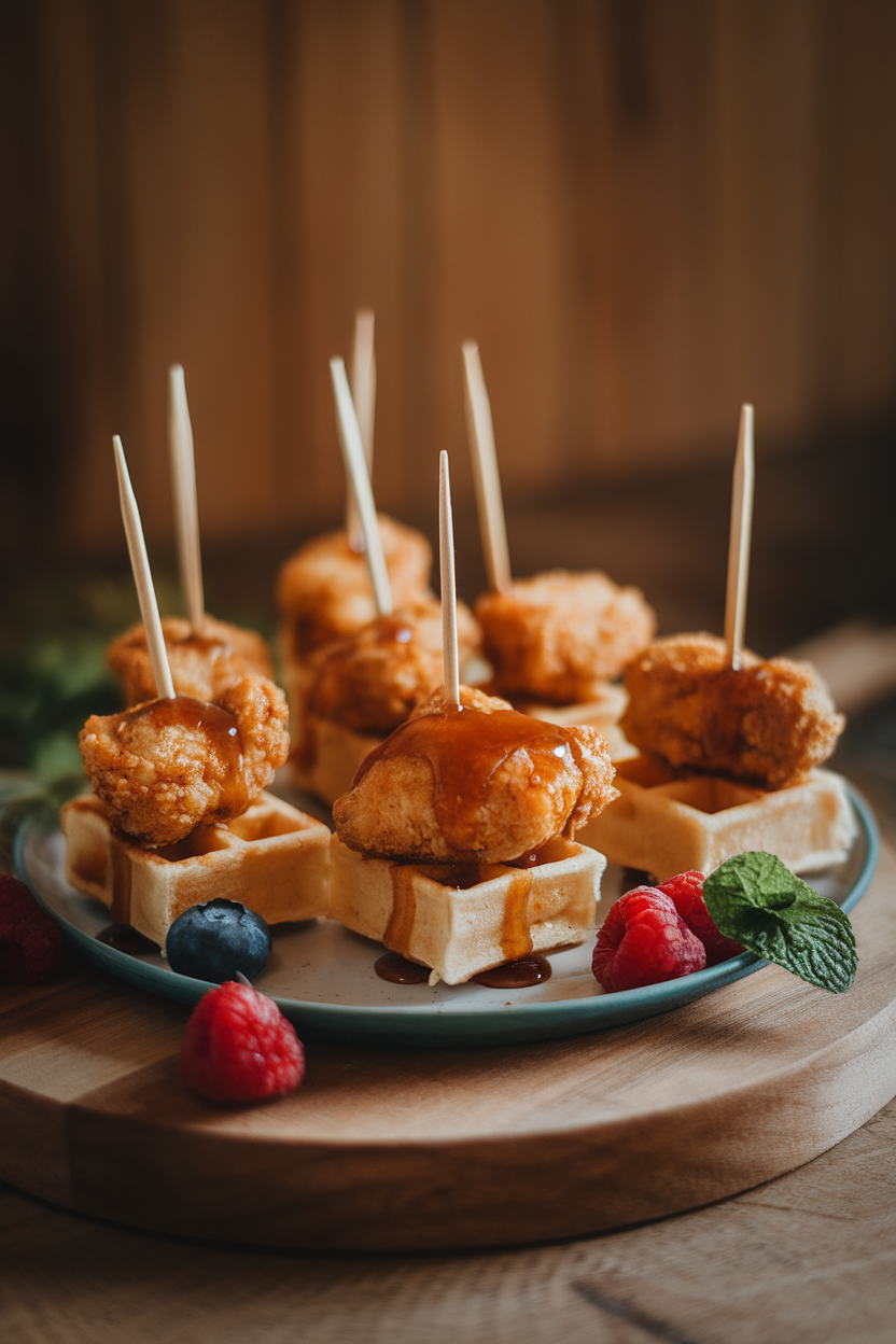 Photo of an indoor platter with toothpick-skewered bites of mini waffle squares topped with crispy chicken nuggets and a drizzle of maple syrup; cozy brunch lighting, no text or logos