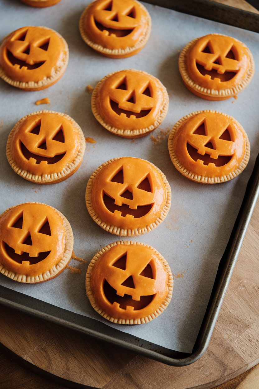 Indoor baking sheet holding round orange-glazed mini hand pies with cut-out pumpkin faces, no text or logos.