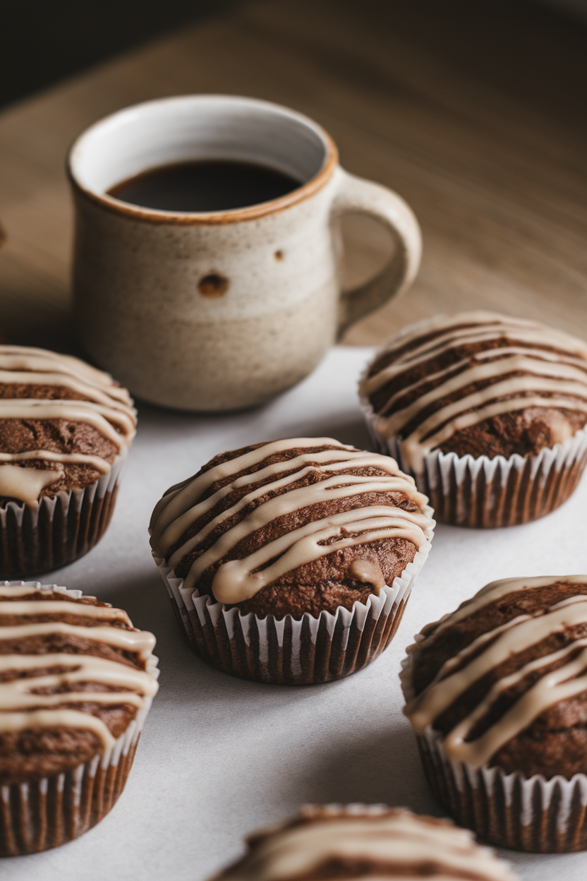 Indoor photo of mocha muffins with a light espresso glaze, mug of coffee nearby, no text or logos