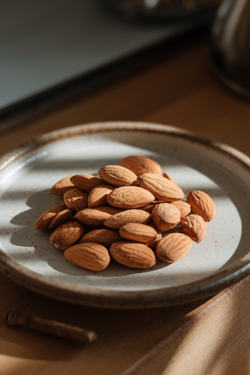 A small pile of raw almonds on an indoor ceramic plate with subtle shadows, no text or logos, photo.