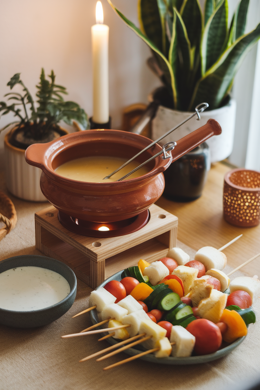 A cozy indoor dining setup featuring a ceramic fondue pot of melted cheese with skewered bread cubes and blanched vegetables ready for dipping. No text or logos anywhere.