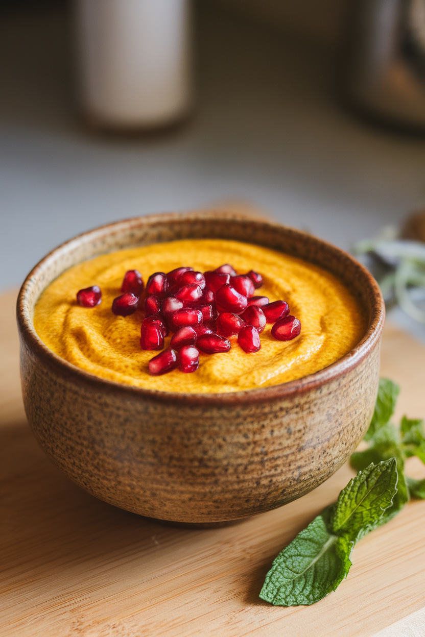 Indoor ceramic bowl of golden turmeric chia pudding topped with pomegranate seeds. No text or logos present.