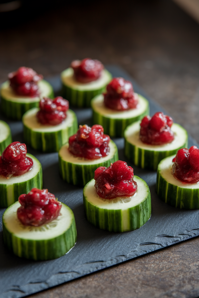A softly lit indoor photo of thick cucumber coins topped with ruby red cranberry-jalapeño salsa, arranged in tidy rows on a slate platter. No text or logos present.