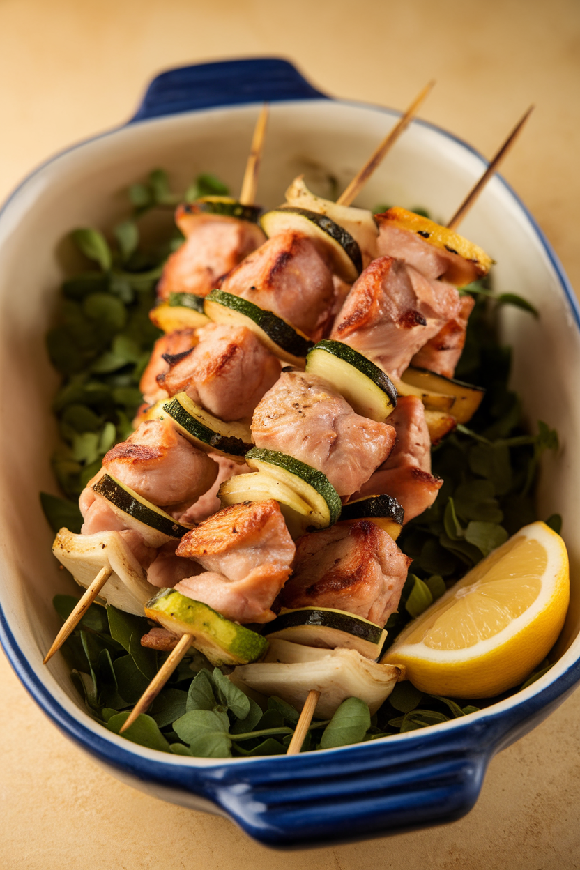 Indoor photo of turkey kebabs threaded with onion and zucchini pieces, lightly charred, resting on a ceramic dish with a lemon wedge; warm top light, no text or logos