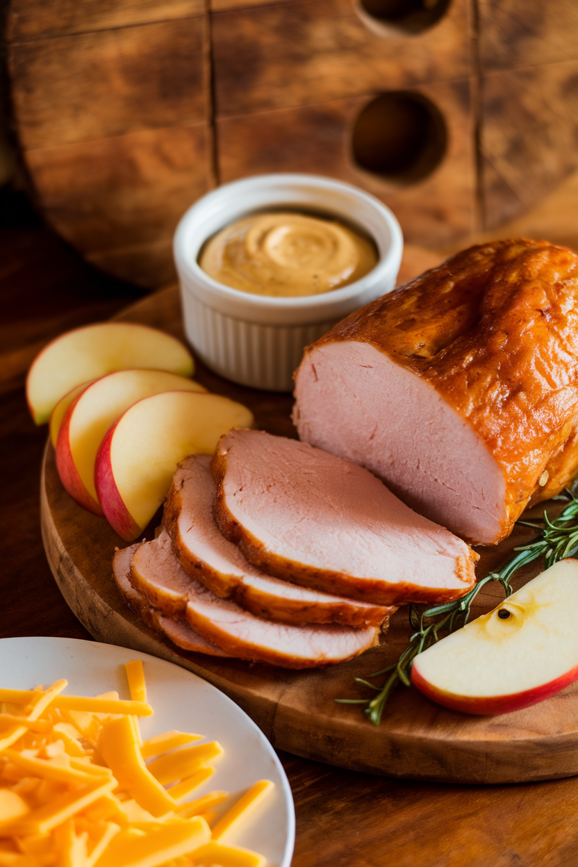 Warm indoor shot of a board featuring maple-glazed turkey, sharp cheddar shards, whole-grain mustard ramekin, and apple slices; no logos