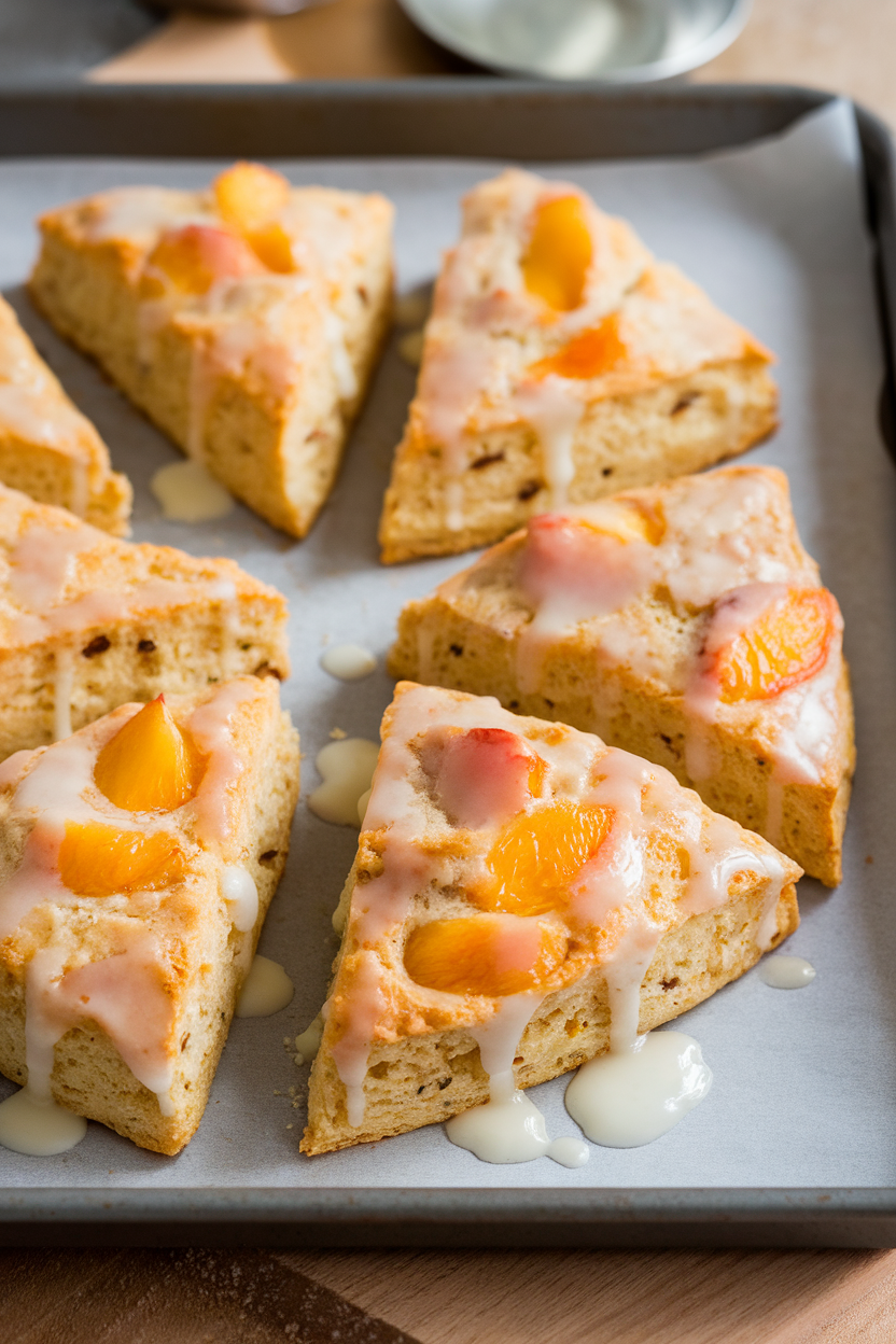 An indoor baking tray with triangular scones dotted with peach chunks, glaze lightly dripped over, no text or logos.