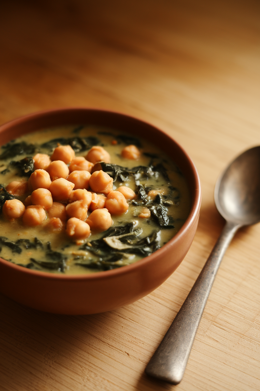 Warm indoor shot of a bowl of hearty chickpea and spinach soup, rustic spoon beside it, no text or logos. Photo.