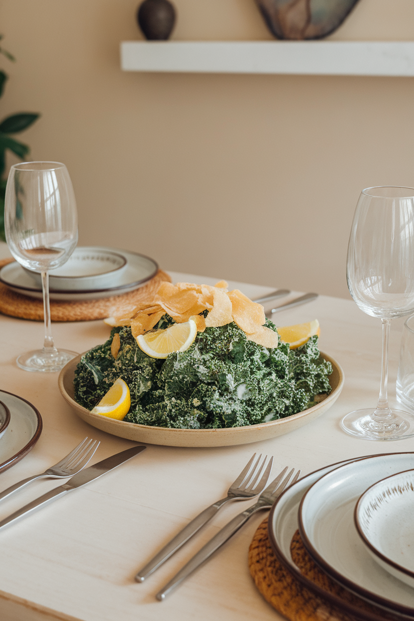 Photo of an indoor dining table featuring chopped kale coated in Caesar dressing, garnished with homemade parmesan crisps and lemon wedges. No text or logos in scene.