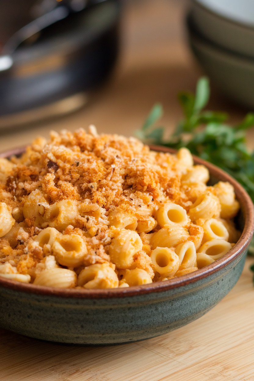A ceramic bowl indoors of elbow pasta coated in creamy yellow cashew sauce, breadcrumbs sprinkled on top. No text or logos. Photo.