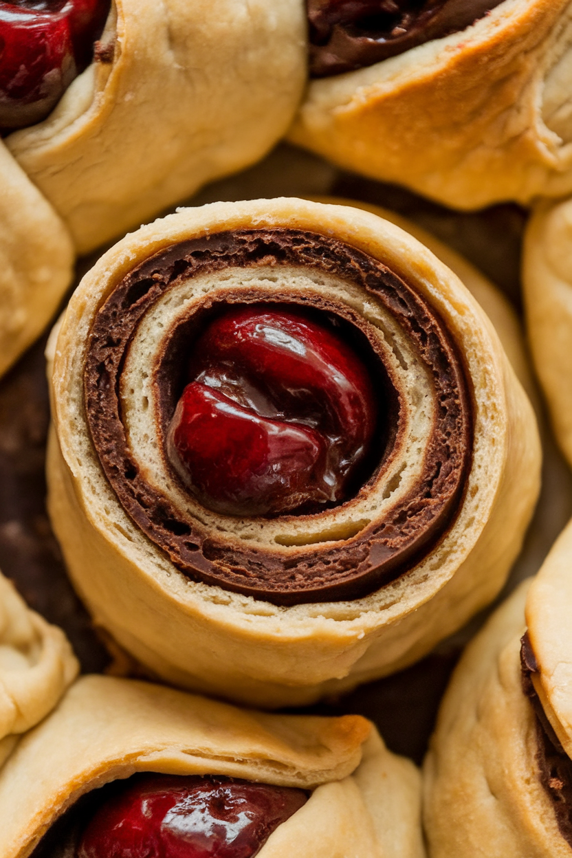 Indoor close-up of crescent rugelach showing dark chocolate and cherry filling spiraled inside flaky dough; no text or logos.