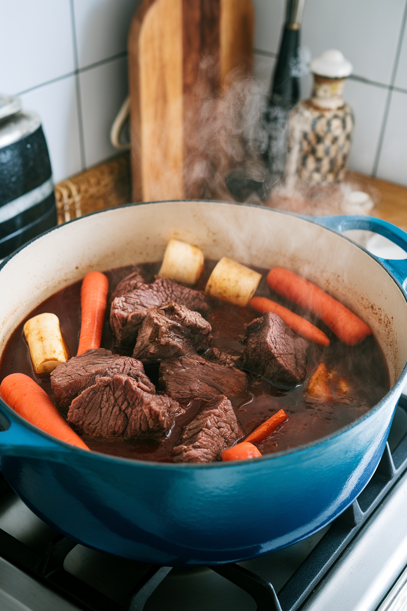 A dutch oven on an indoor stovetop filled with tender beef chunks, carrots, and parsnips in a rich red wine broth. Steam visible, no logos; photo.