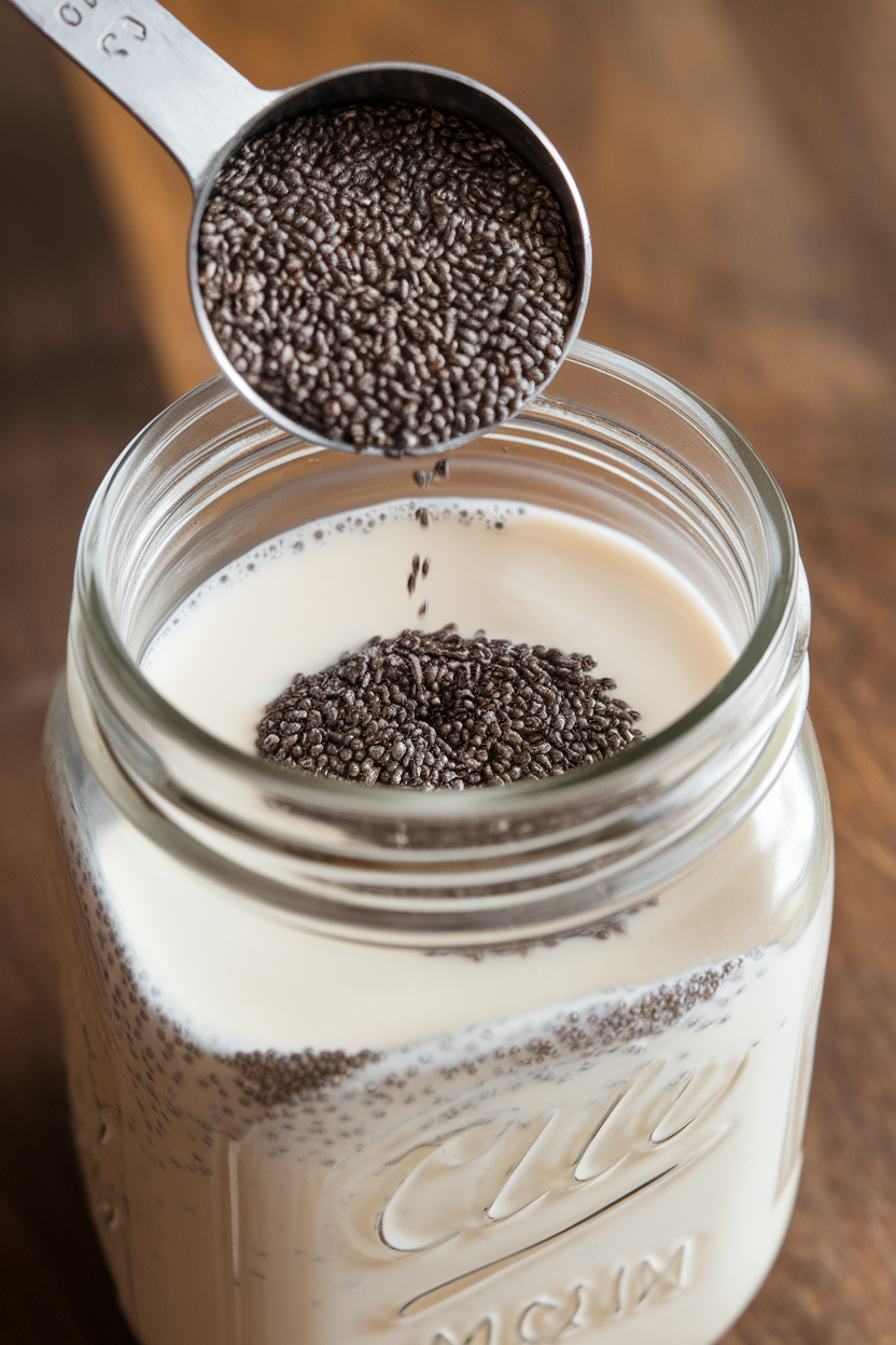 An indoor measuring spoon pouring tiny black chia seeds into a mason jar of almond milk for pudding, no text or logos.