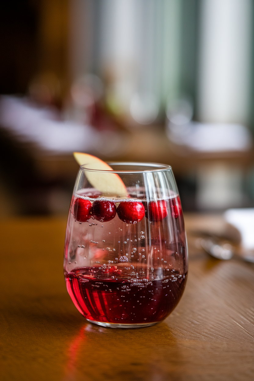 Indoor dining table showing a stemless wineglass of deep cranberry sparkler with bubbles rising, whole cranberries and a thin apple slice floating on top. Photo, no text or logos.