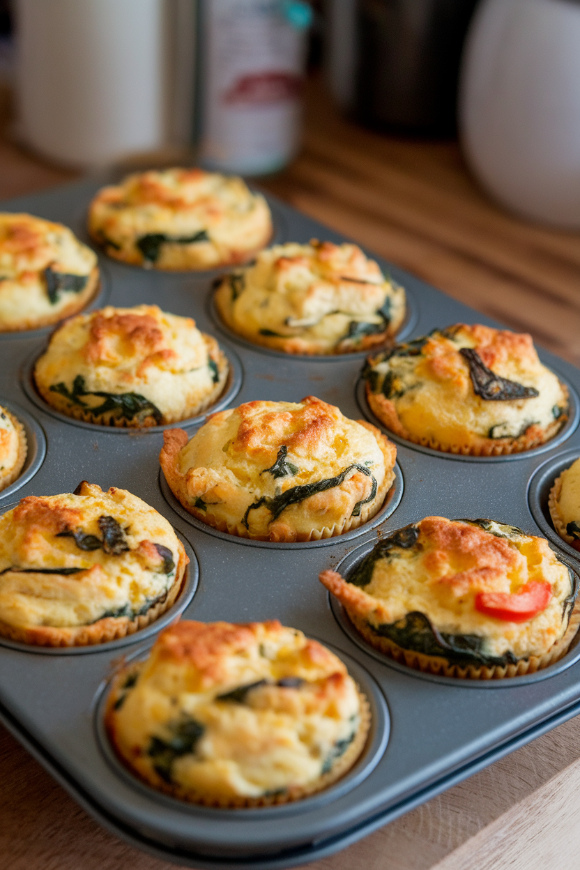 An indoor muffin tin filled with baked egg muffins featuring visible chicken pieces, spinach, and peppers. No logos or text. Photo.