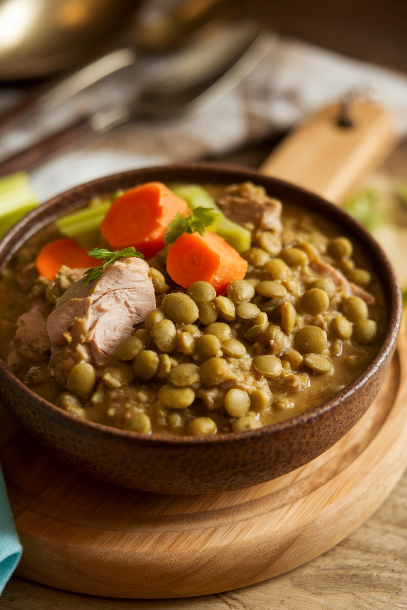 Indoor photo of a rustic bowl of thick turkey and green lentil stew with carrots and celery, no text or logos.