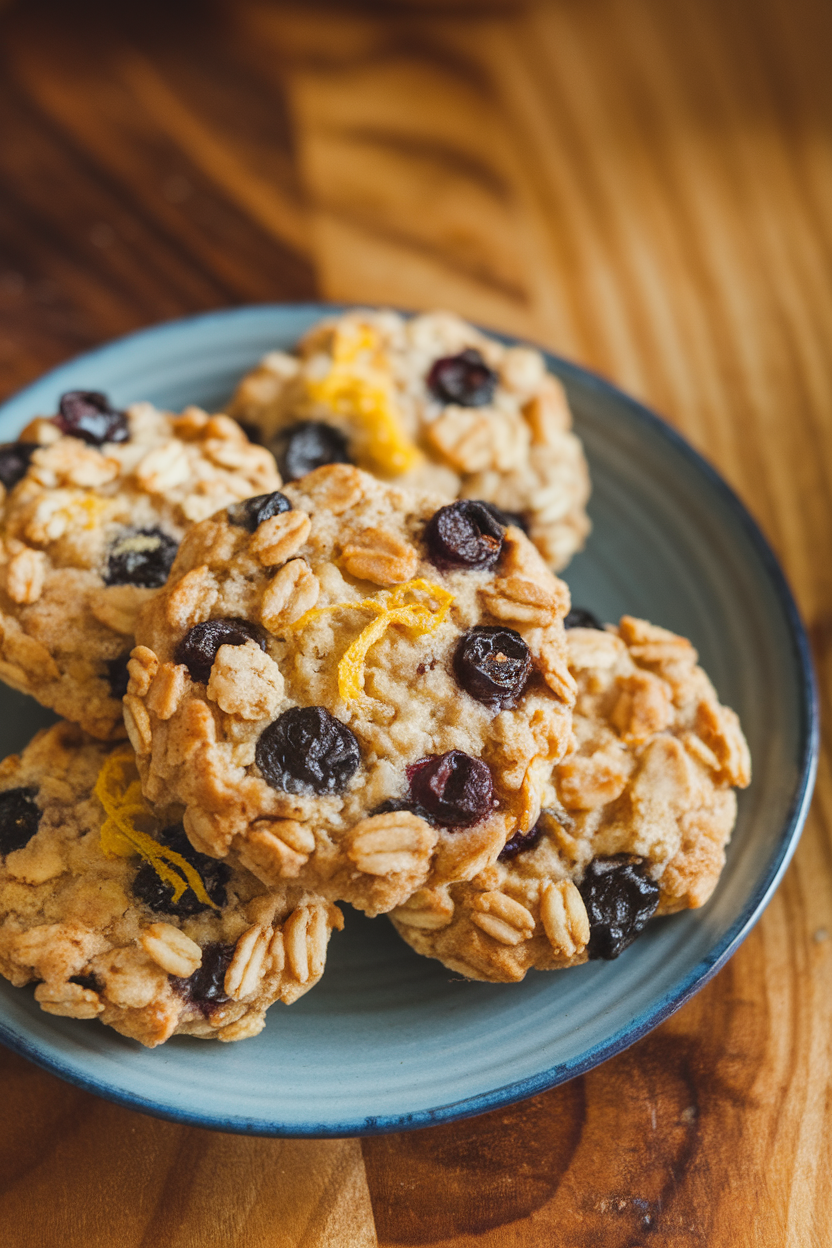 Photo prompt: Oat cookies studded with dried blueberries and lemon zest on a plate, indoor natural light, no branding.