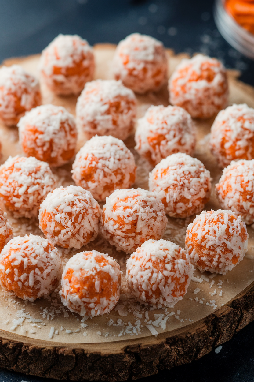 An indoor wooden board lined with bite-size carrot cake balls rolled in shredded coconut—no text or logos; photo, not illustration