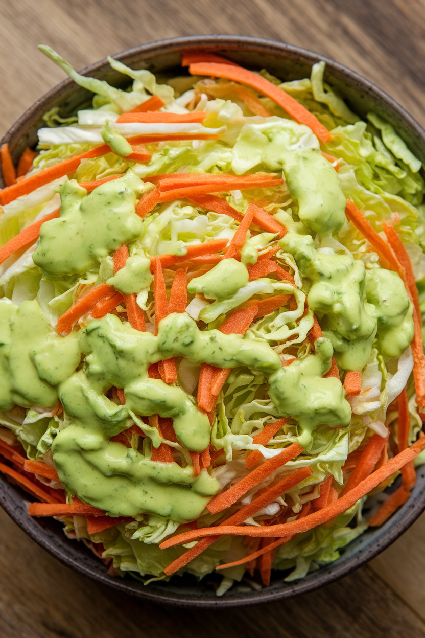 Indoor salad bowl of vibrant shredded cabbage and carrots coated in creamy green avocado dressing; no text or logos, photo style.