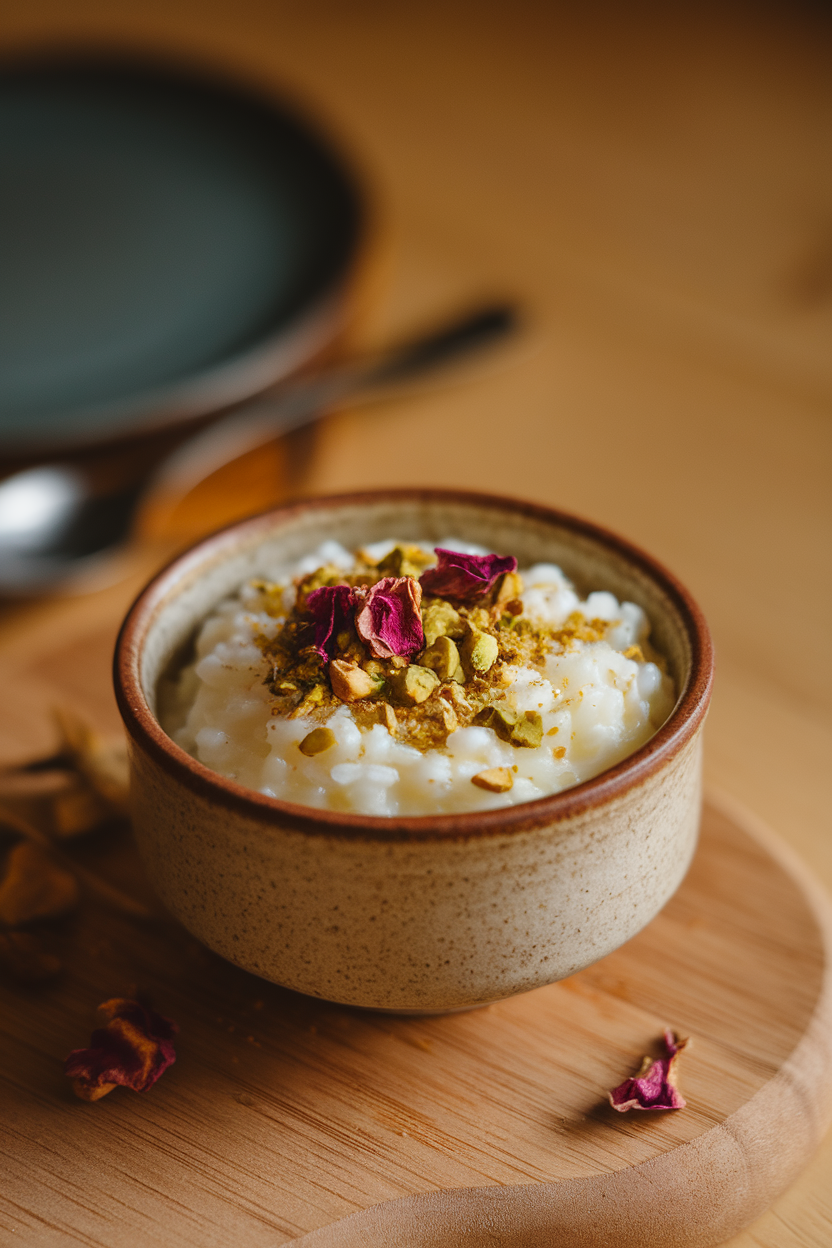 Indoor photo of a small ceramic bowl filled with creamy rice pudding, pistachio crumbs and dried rose petals sprinkled on top, no text or logos