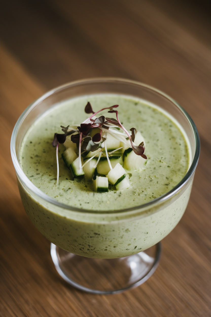 Indoor photo of a pale green chilled soup in a glass bowl, garnished with diced cucumber and microgreens; no text or logos.