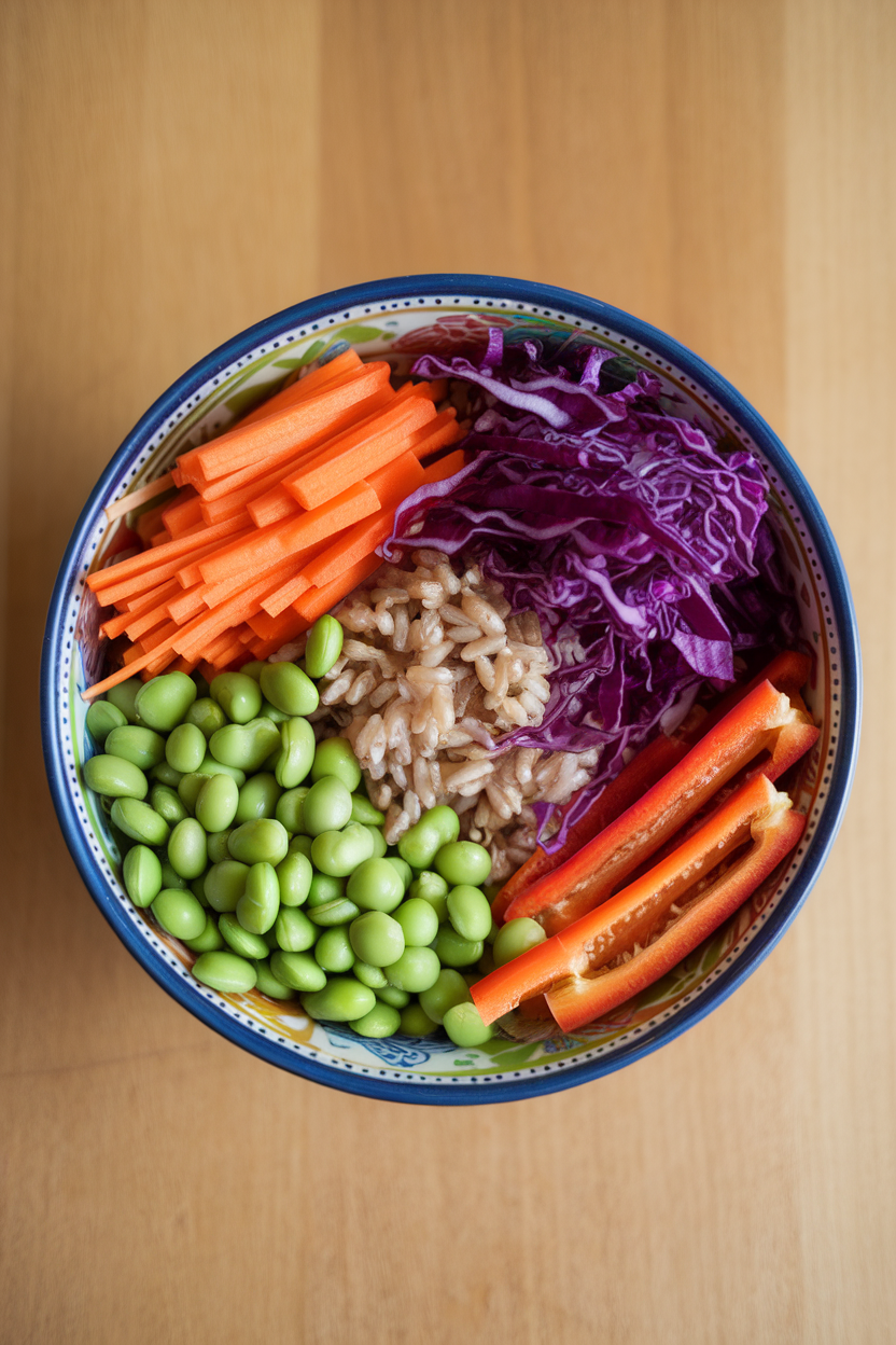 Indoor photo of shelled edamame, brown rice, shredded purple cabbage, carrot matchsticks, and bell pepper strips arranged in a colorful bowl. Overhead lighting, no text or logos.
