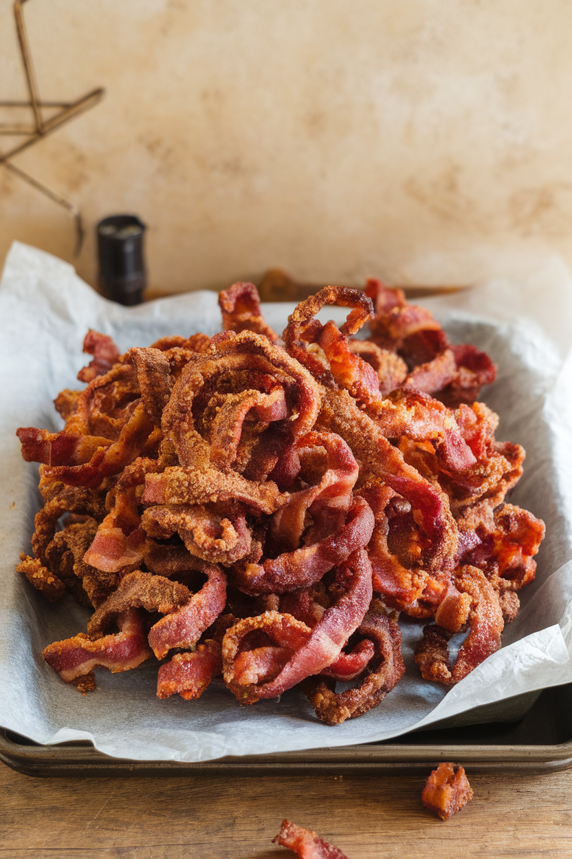 Photo indoors of a parchment-lined tray piled with crispy bacon twists coated in brown sugar, cinnamon visible on the glaze. No text or logos in scene.