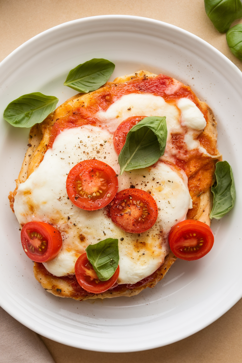 Indoor plate showing air-fried chicken breast topped with melted mozzarella, cherry tomatoes, and basil leaves, photographed overhead. No text or logos.