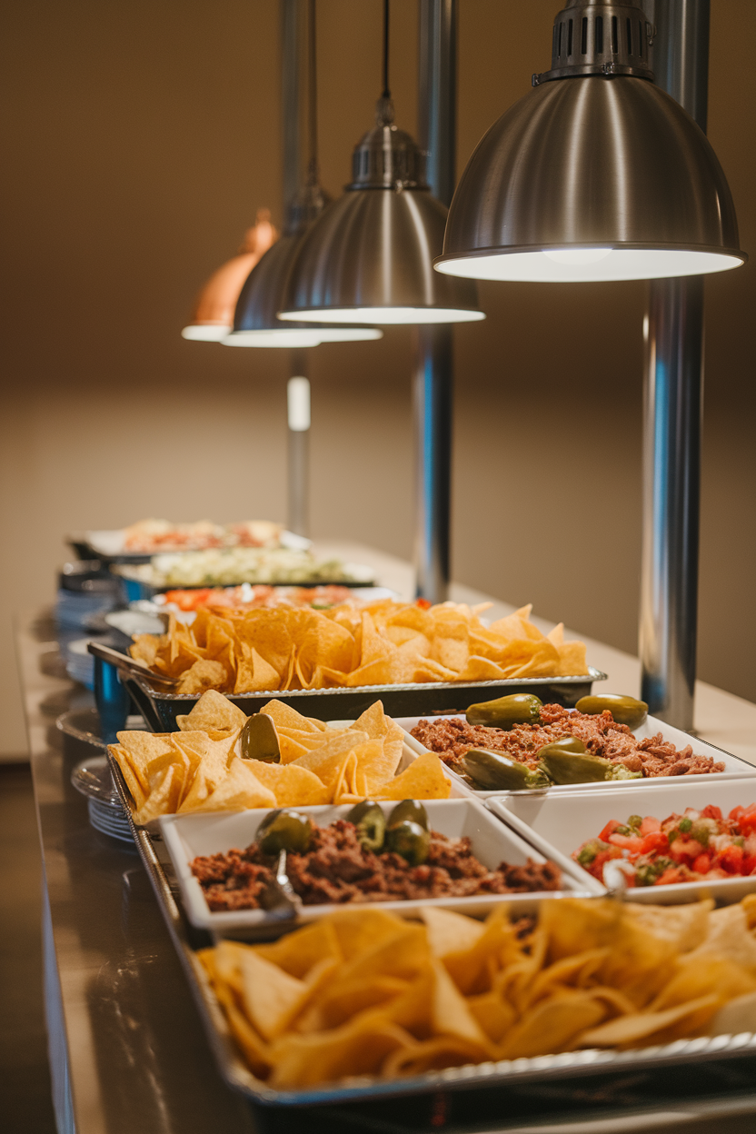 Indoor buffet with trays of crispy tortilla chips, bowls of melted cheese, jalapeños, seasoned beef, and pico de gallo under pendant lighting. No text or logos.