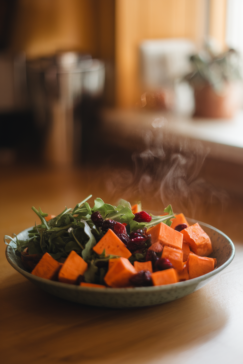 A warmly lit indoor kitchen counter showcasing a shallow bowl of roasted sweet potato cubes tossed with fresh arugula and dried cranberries, steam rising gently. No logos or text. Photo.