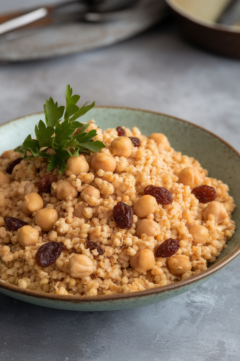 Indoor photo of a shallow bowl of whole-wheat couscous mixed with chickpeas, raisins, and Moroccan spices; no text or logos.