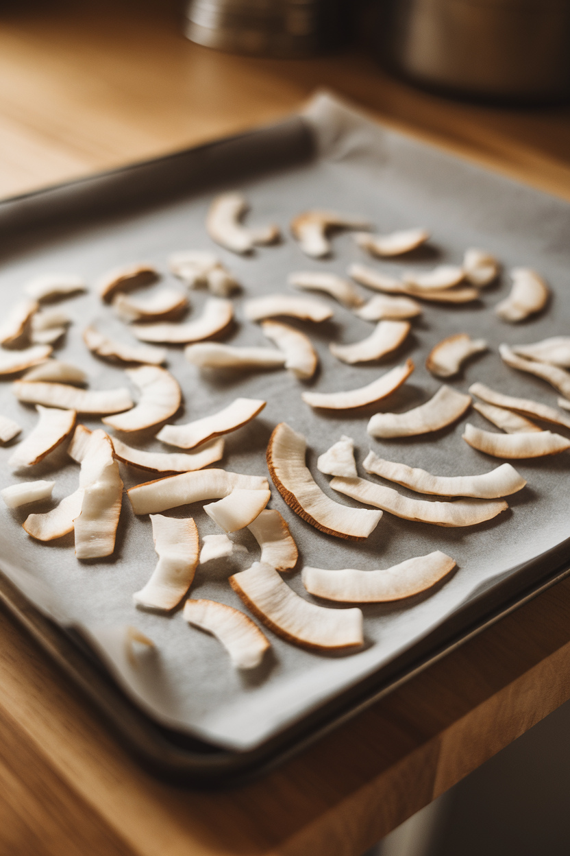 Indoor photo of wide unsweetened coconut flakes scattered on a parchment-lined baking tray; overhead light, no text or logos