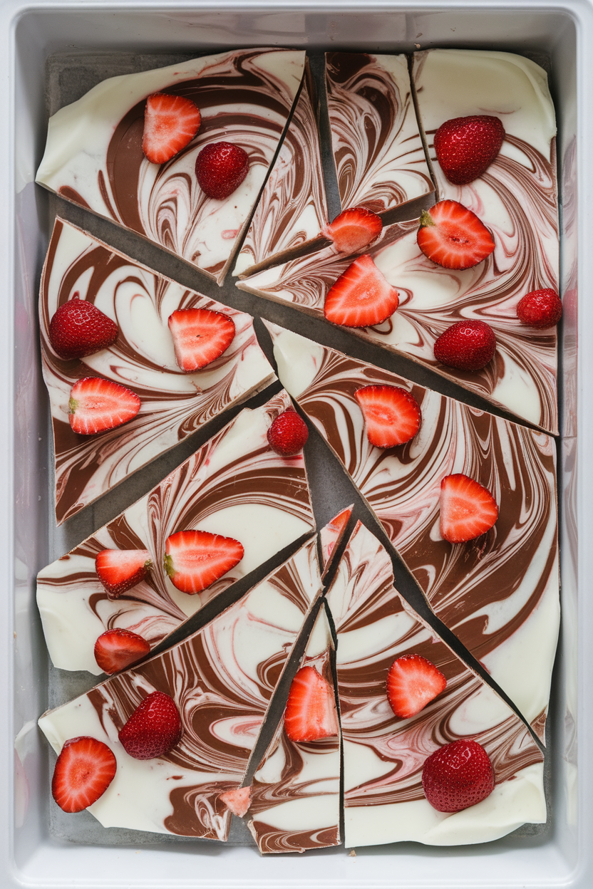 An indoor freezer tray with broken shards of frozen Greek yogurt bark swirled with dark chocolate and strawberry slices. No text or logos.